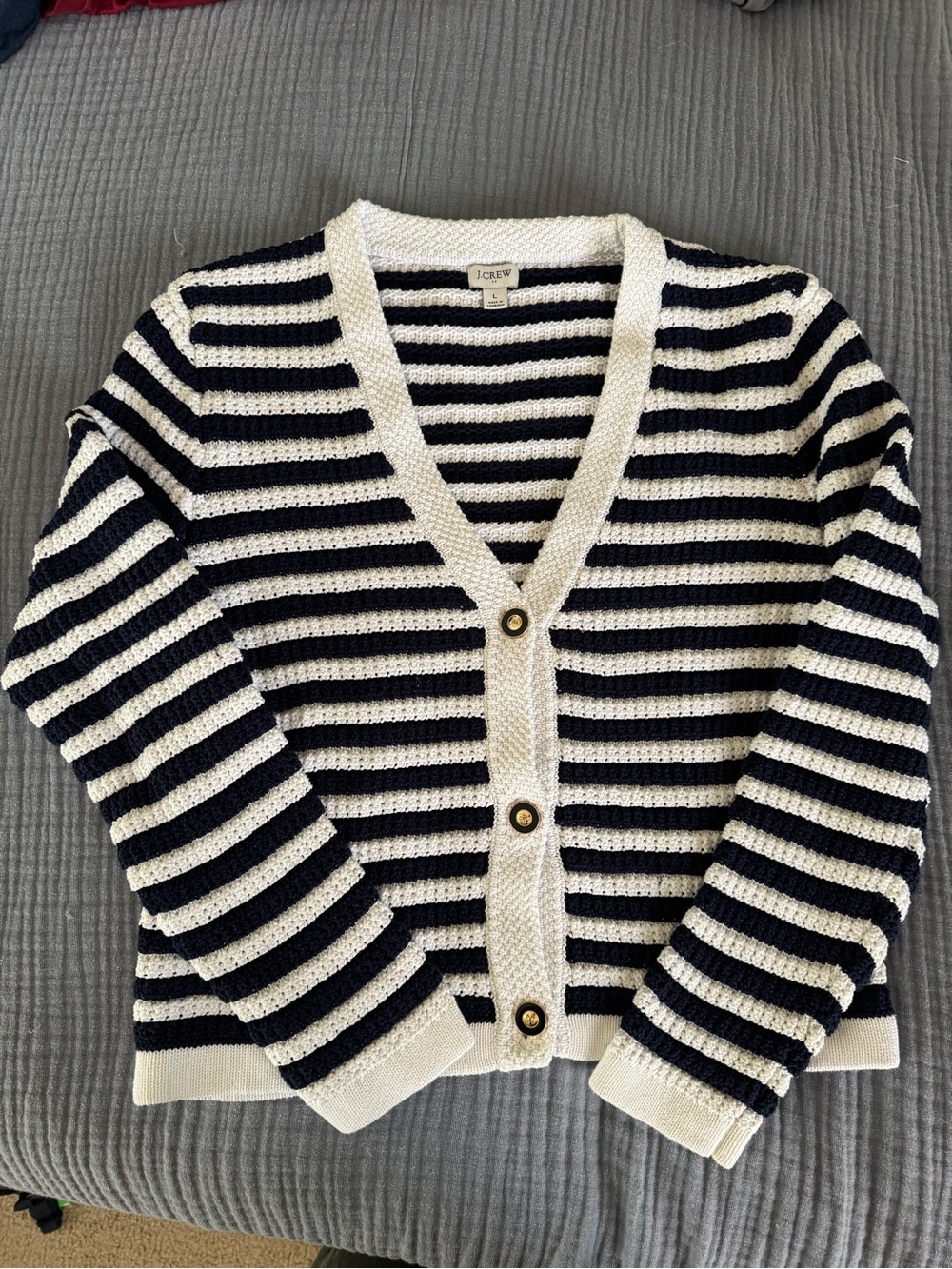 J.Crew Navy Ivory Striped Cotton Textured Cardigan Sweater L
